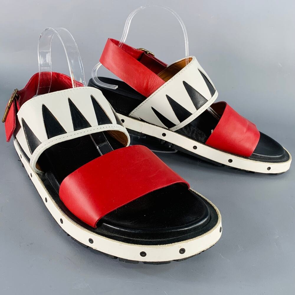 MARNI Size 10 Red Black White Color Block Leather Buckle Sandals